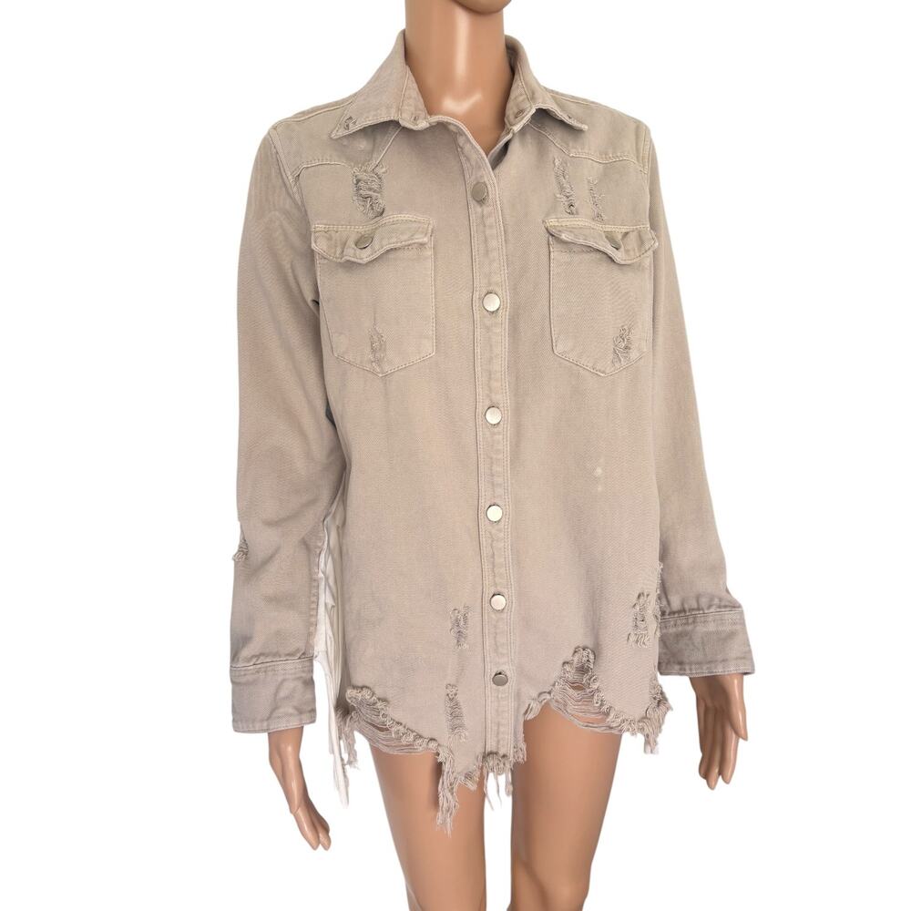 Upcycled Texas Americana Distressed Fringe Denim Shacket Jacket Western S Tan - Picture 7 of 12